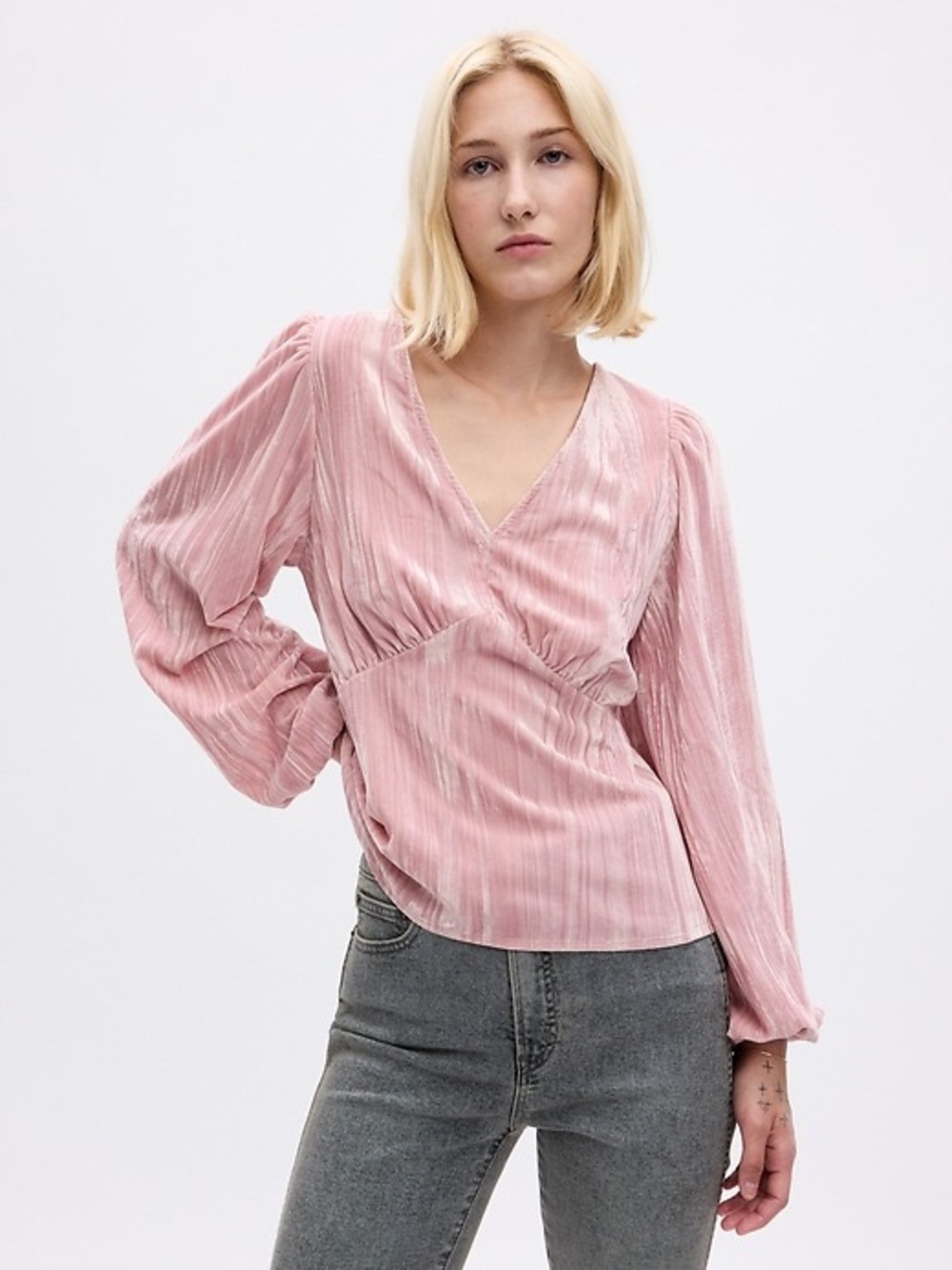GAP Dusty Rose Pleated V-Neck Long Sleeve Top